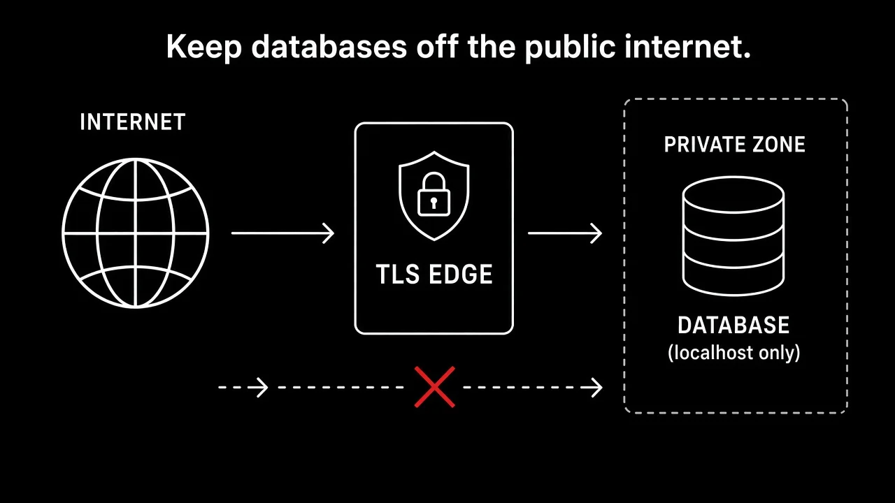 Internet traffic stops at a TLS edge; the database stays private on localhost