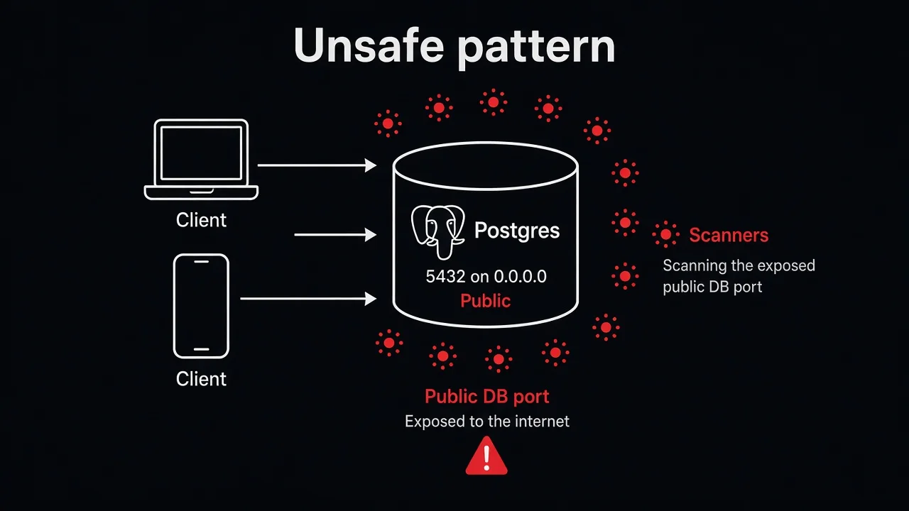 Unsafe pattern: clients and scanners reach Postgres on a public 5432 port