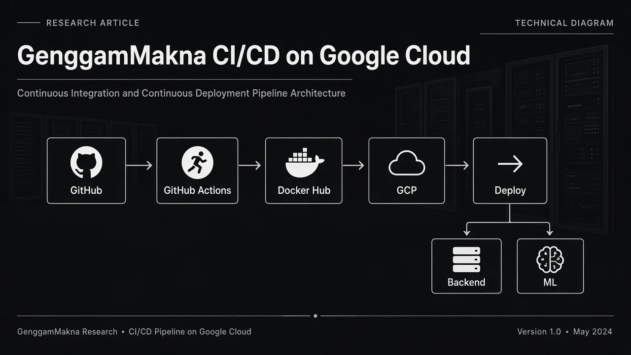 GenggamMakna CI/CD pipeline: GitHub, GitHub Actions, Docker Hub, GCP, then deploy to Backend and ML